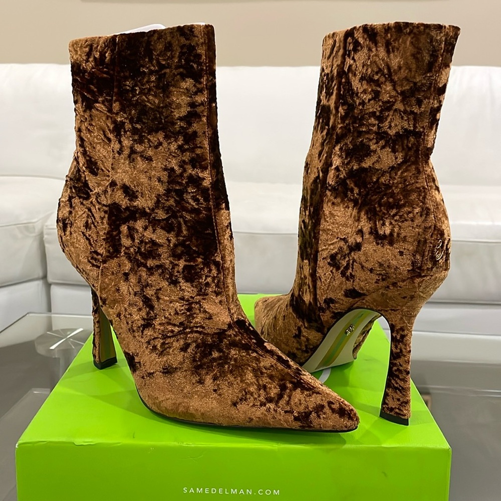 NIB Sam Edelman bronze leather crushed velvet Ankle Boots copper pointy toe